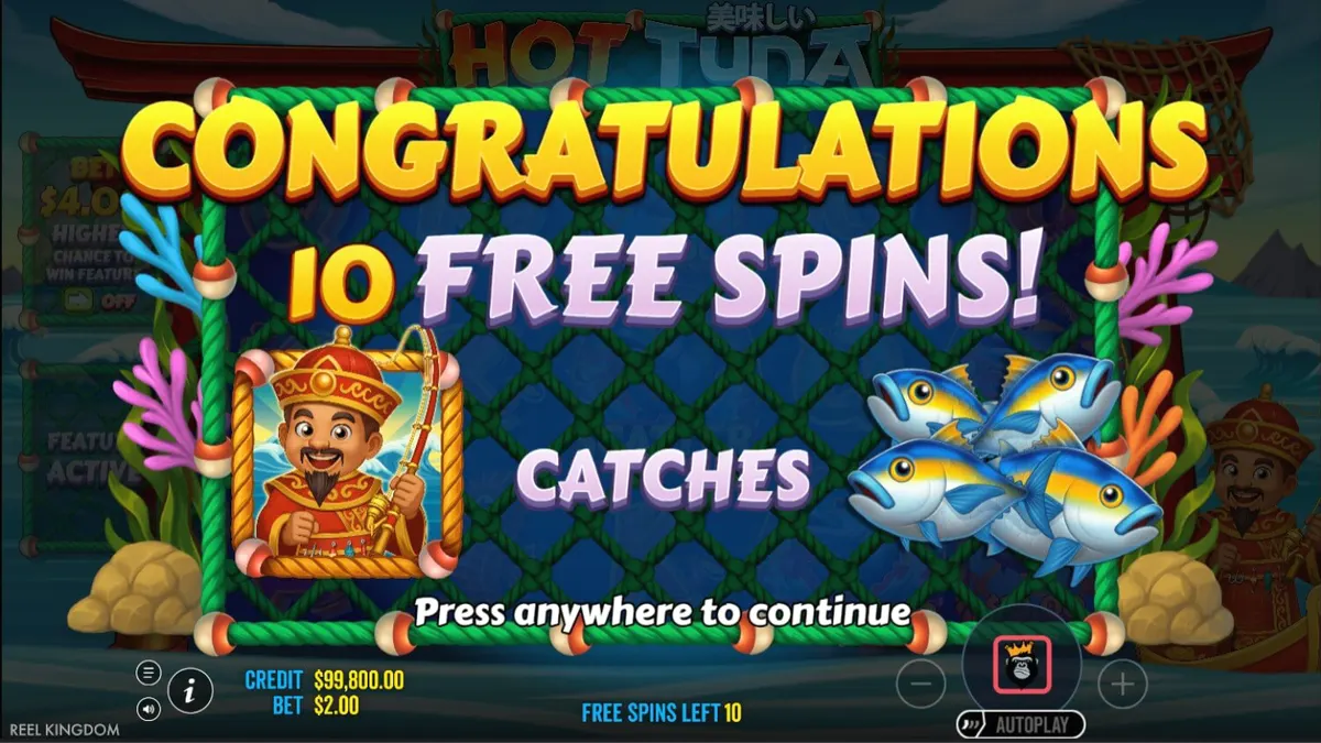 Tampilan layar permainan slot Hot Tuna dengan nelayan dan latar belakang laut