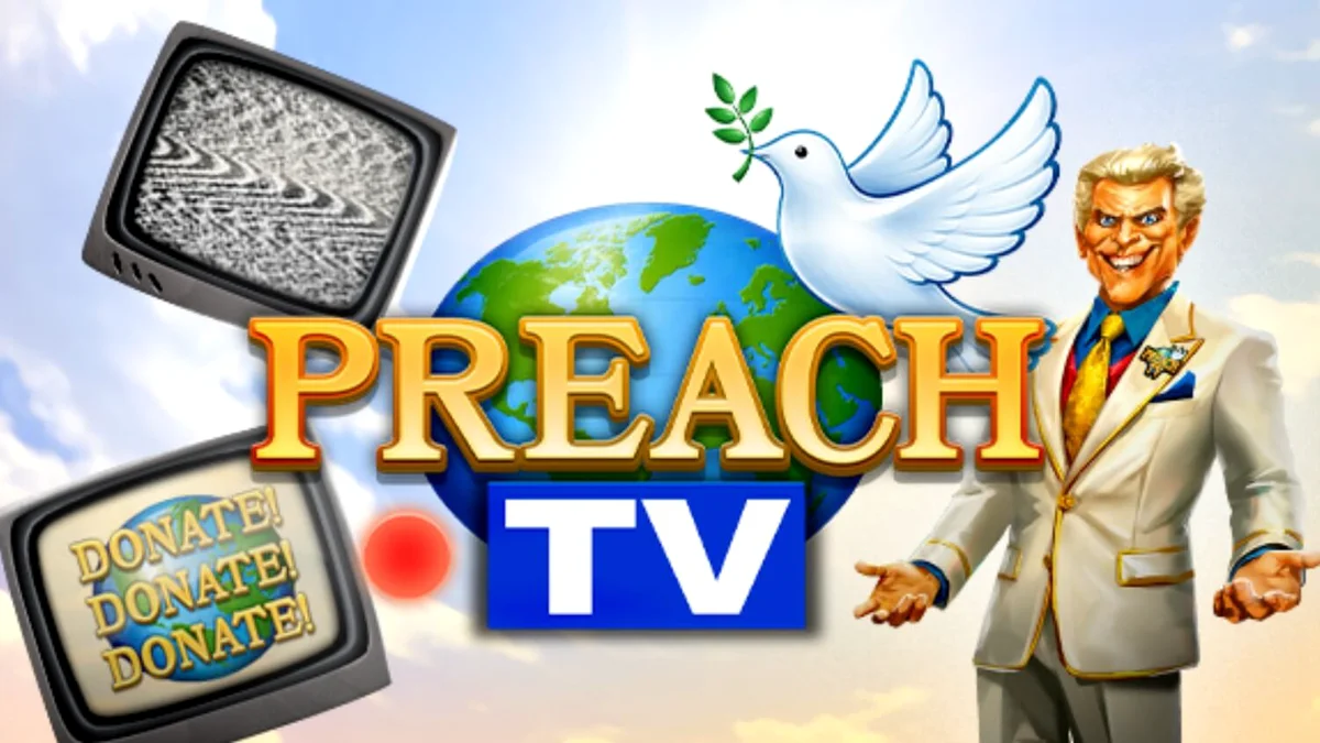 Tampilan visual studio televisi retro dalam slot Preach TV dengan layar monitor dan gulungan bertema satir.